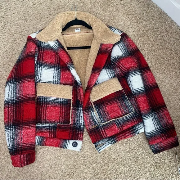 NSF RED SHERPA PLAID BOMBER JACKET SIZE SM - Picture 9 of 9